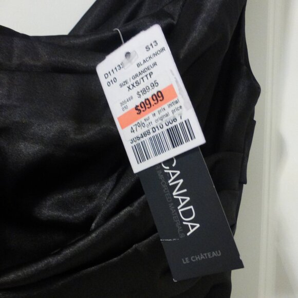 LE CHATEAU black silky satin ruched cocktail party midi dress - Picture 2 of 10